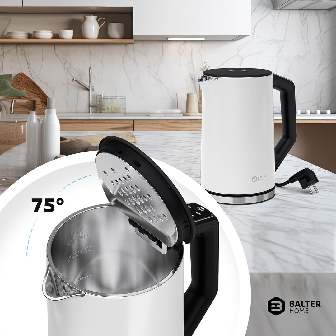 BALTER Edelstahl Wasserkocher mit Temperatureinstellung, 40°C-100°C, Doppelwand, BPA frei, leise & k