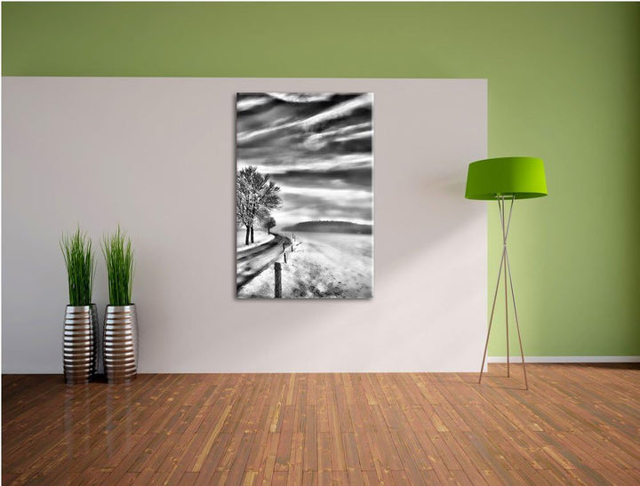 Monocrome, Baum im Schnee, Format: 100x70 auf Leinwand, XXL riesige Bilder fertig gerahmt mit Keilra