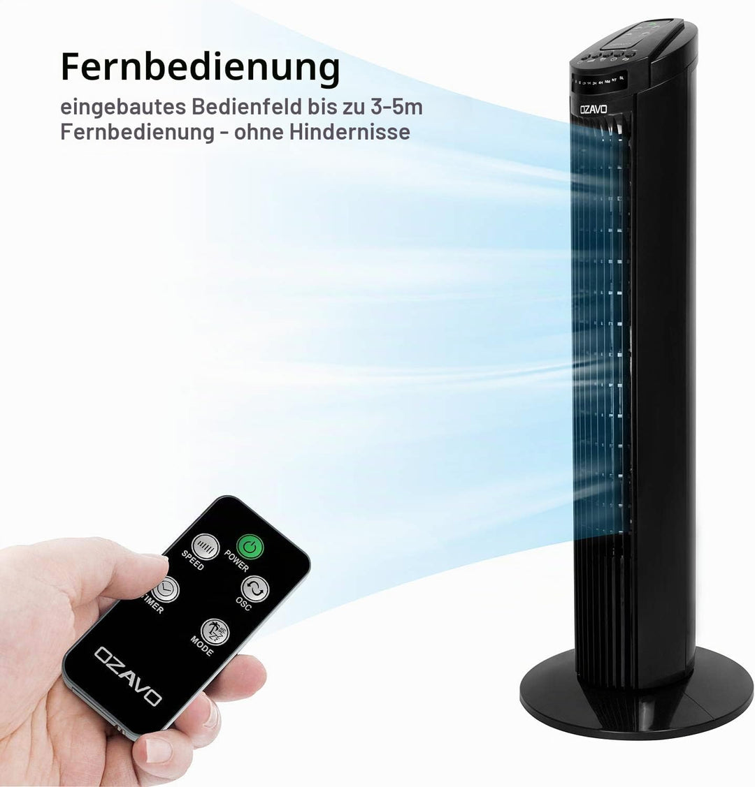 OZAVO Turmventilator, 3 Stufen Ventilator, oszillierend Standventilator, Tower-Ventilator Säulenvent