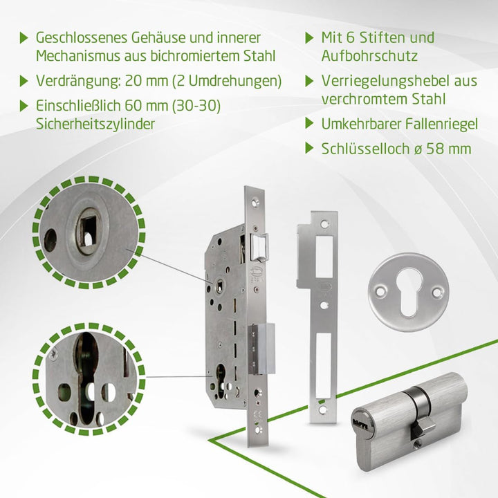 Amig - Einbauschloss Mod.340 mit Sicherheitszylinder und Schlüssel + 5 Schlüssel | für Holztüren | W