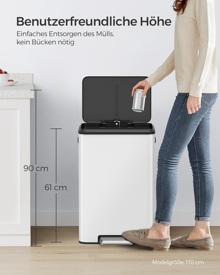 ‎SONGMICS Mülleimer Küche, 40 Liter Abfalleimer mit Deckel, Tretmülleimer, Softclose, Offenhaltefunk