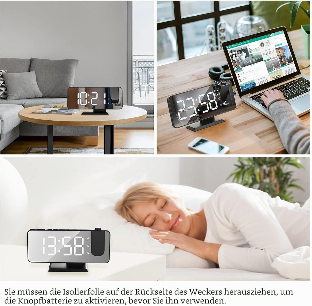 Exmate Projektionswecker, Digital Wecker mit Projektion, USB-Ladeanschluss, 7.5'' grosses Spiegel-LE
