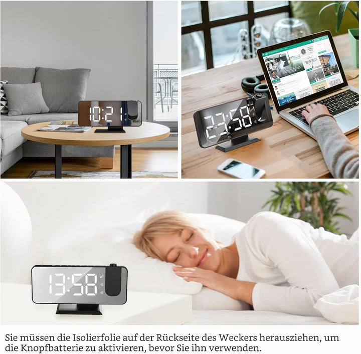 Exmate Projektionswecker, Digital Wecker mit Projektion, USB-Ladeanschluss, 7.5'' grosses Spiegel-LE
