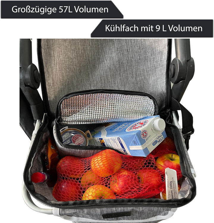 Faltbarer Aluminium Einkaufstrolley 57L (48L + 9L Kühlfach) Grau, 50kg Traglast, 35x45x98cm, Eva Tre