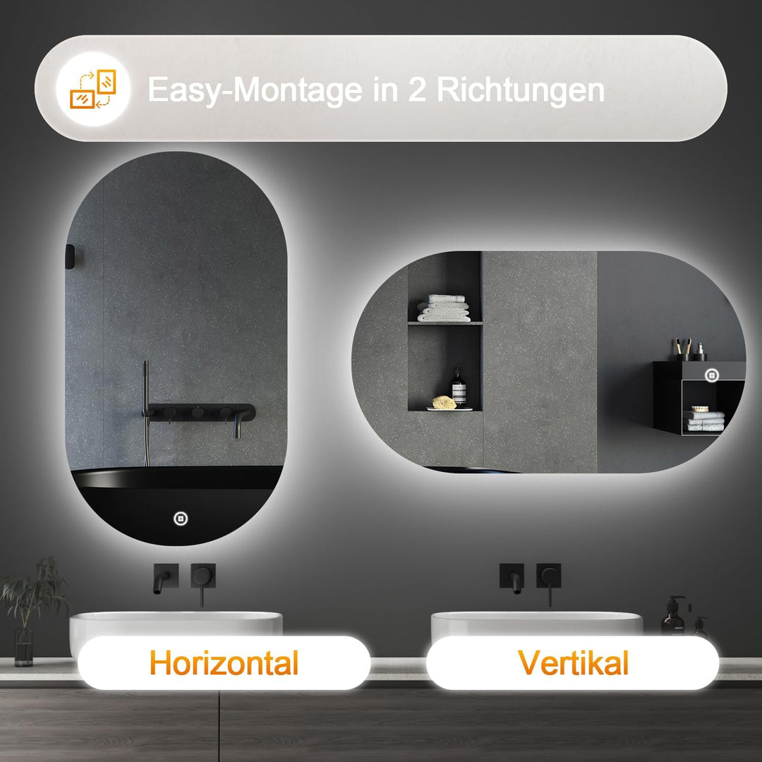 Boromal Badspiegel mit Beleuchtung Oval Led Spiegel mit Touch-Schalter, Dimmbar, 3 Lichtfarbe Einste