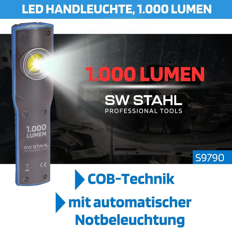 SW-Stahl S9790 Arbeitsleuchte Taschenlampe I Ladestation I LED I 1000 Lumen I Metallgehäuse, Blau/Sc