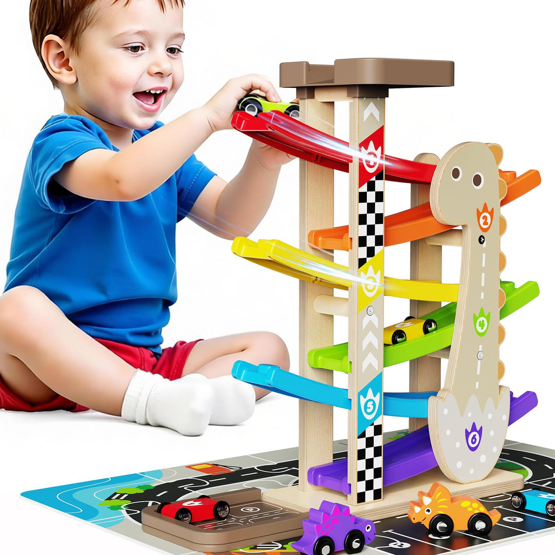 6X Kugelbahn Autorennbahn Holz ab 1+ Jahr Auto Rennbahn mit 6 Fahrzeuge Montessori Spielzeug Kinders