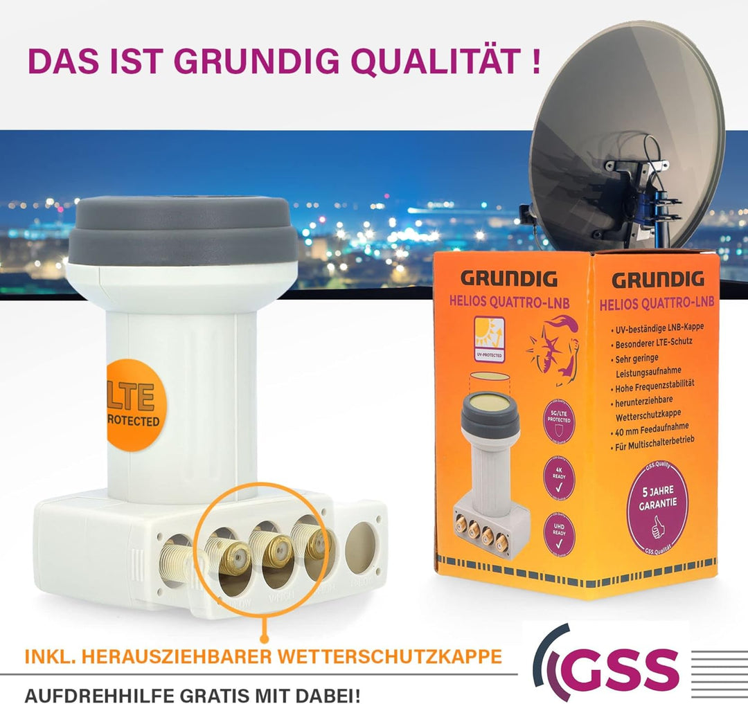 [ Test SEHR GUT, Note 1.2 *] GSS Helios Quattro LNB + 8X Fstecker, mit LTE Abschirmung & Sun Protect