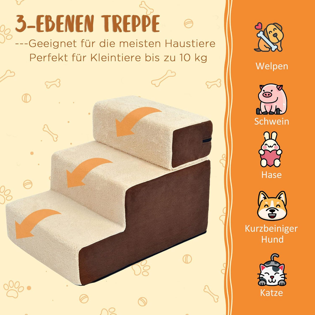 PawHut Hundetreppe Katzentreppe Haustiertreppe 3 Stufen Haustier Plüsch Beige 54 x 40 x 39cm beige L