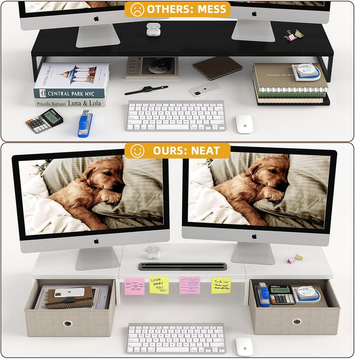 Dual Monitor Stand Riser mit 2 Schubladen - 100CM grosse Lagerung Computer Monitorständer für 2 Moni