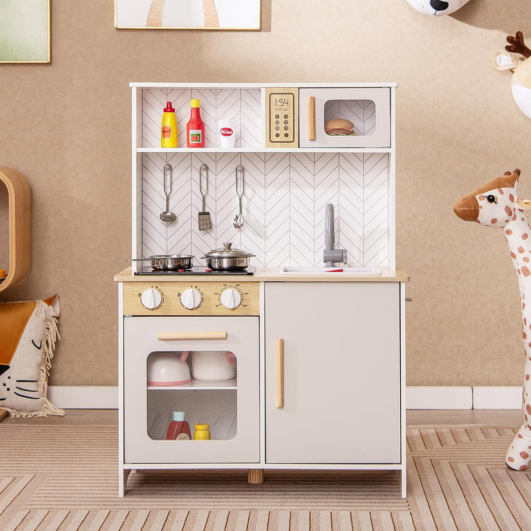 DREAMADE Kinderküche Holz mit Zubehör, Holzküche Mini Küche Kinder Küche mit Herd Ofen Waschbecken,