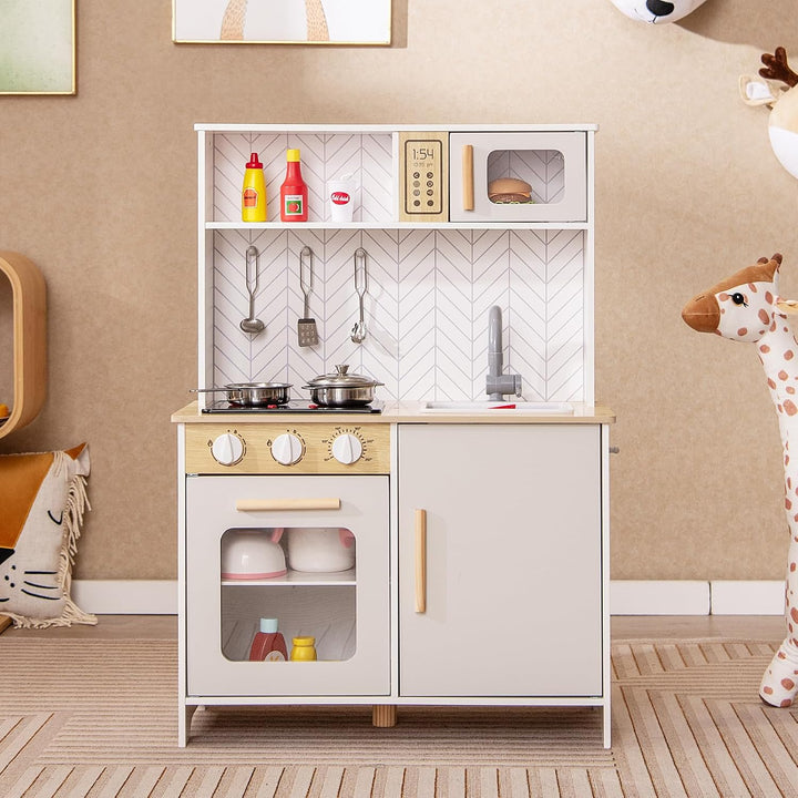 DREAMADE Kinderküche Holz mit Zubehör, Holzküche Mini Küche Kinder Küche mit Herd Ofen Waschbecken,