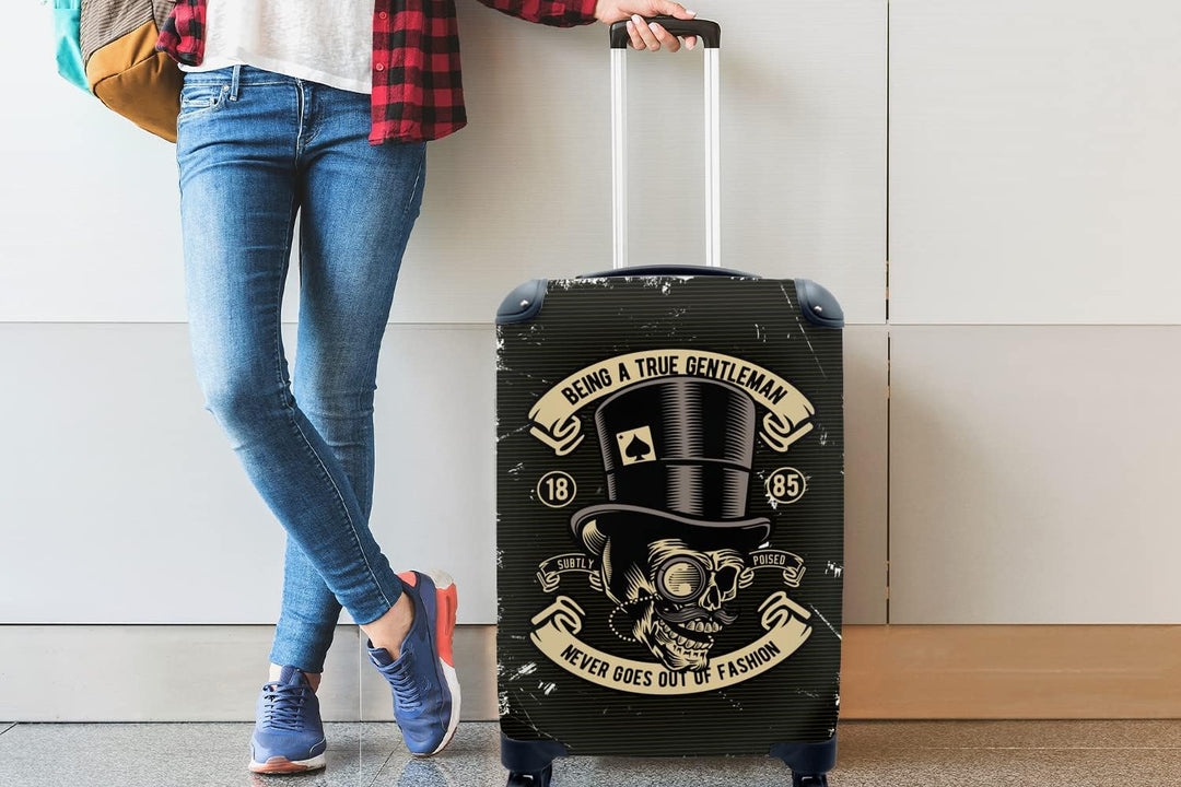 MuchoWow© Koffer Handgepäck Trolley Rollkoffer Kleine Reisekoffer mit 4 Rollen - Totenkopf - Hut - R