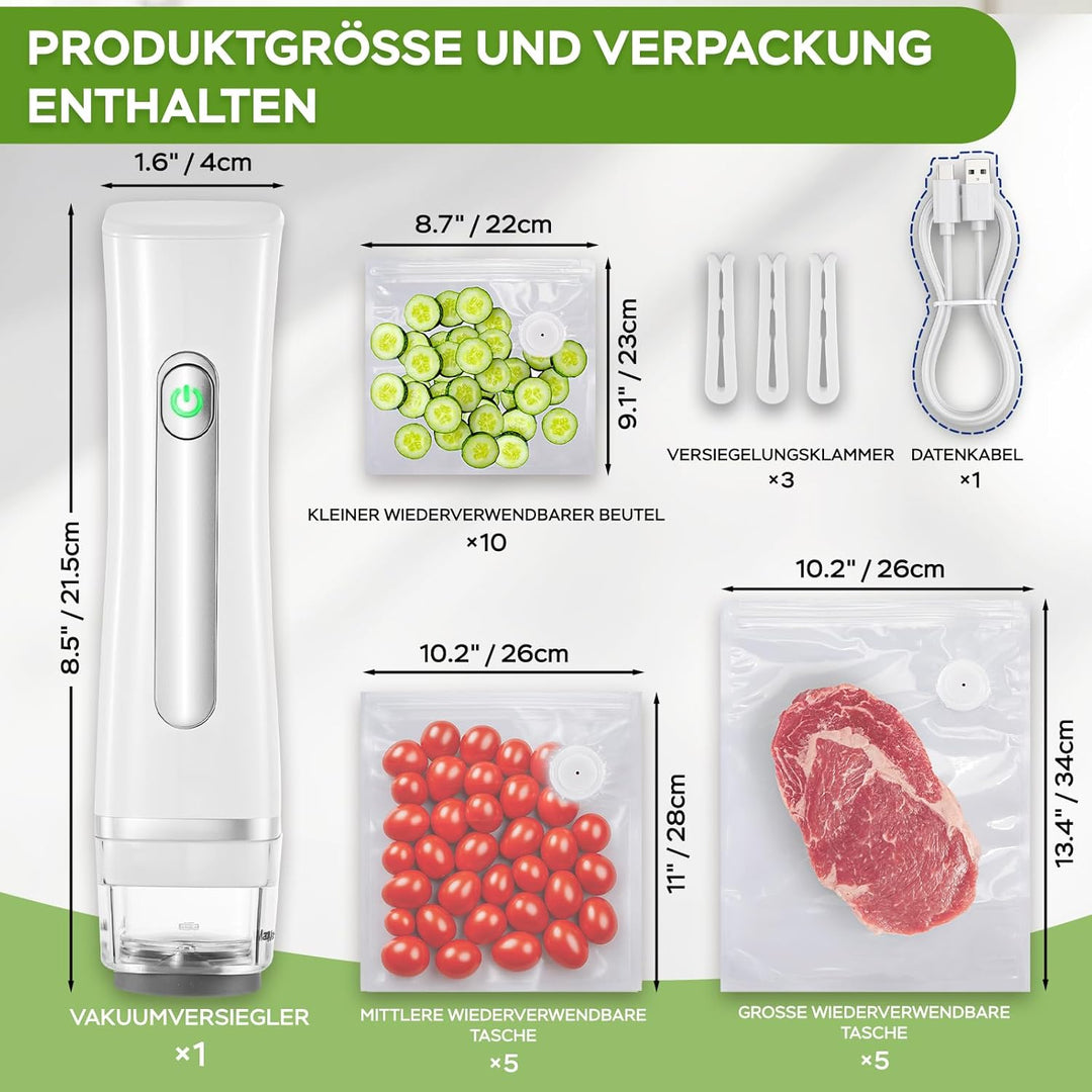 Vakuumiergerät Klein, Handvakuumierer mit 60 kPa Saugkraft, Vakuumierer für Lebensmittel mit 20 Wied