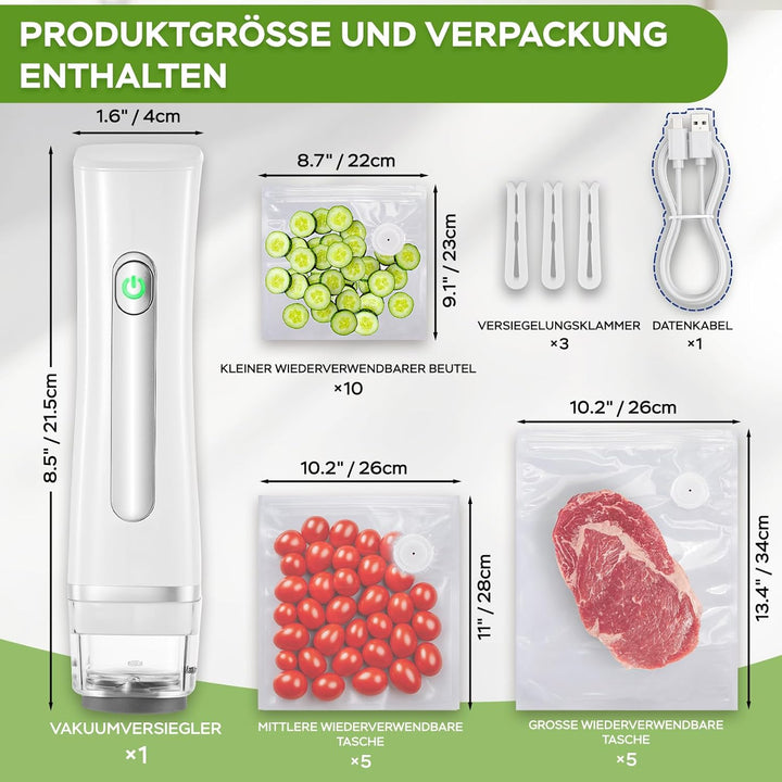 Vakuumiergerät Klein, Handvakuumierer mit 60 kPa Saugkraft, Vakuumierer für Lebensmittel mit 20 Wied