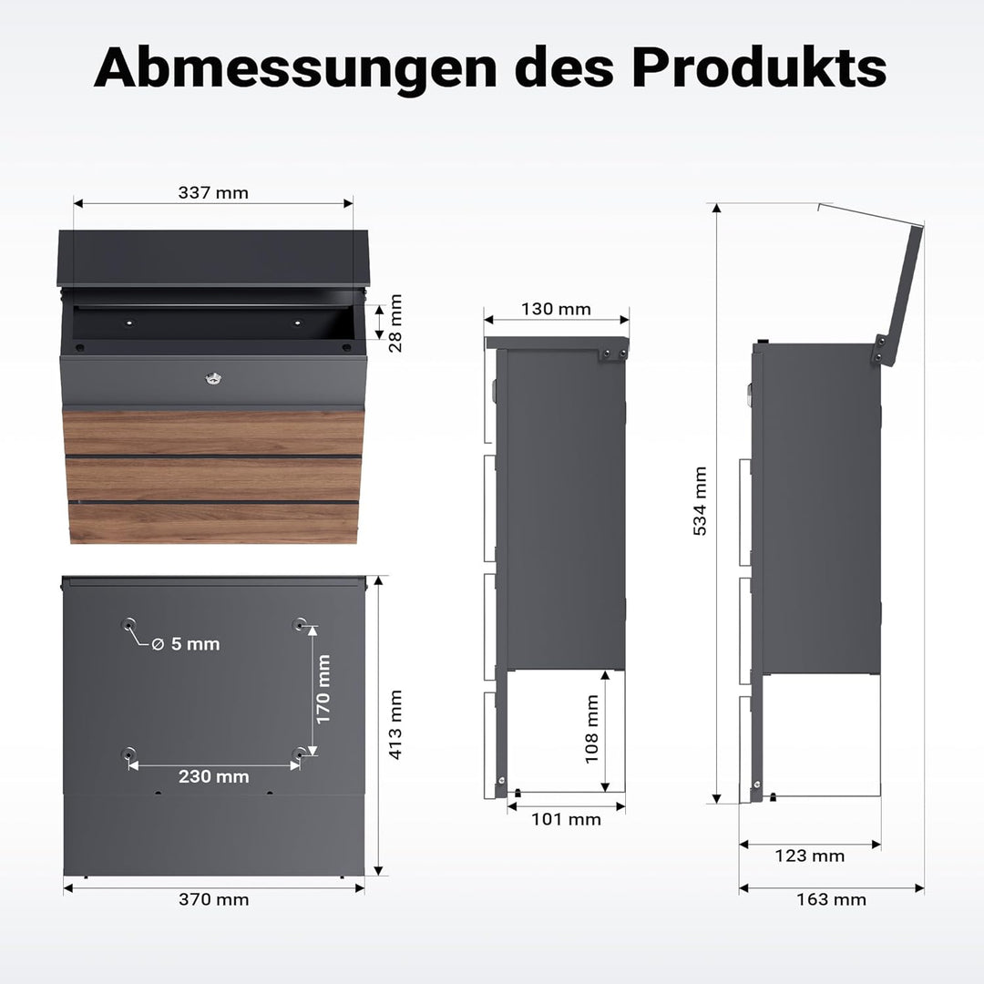 Toboli Briefkasten V63 Anthrazit und Holzdesign 410 x 130 x 370 mm, Wandbriefkasten mit Schloss, Sof