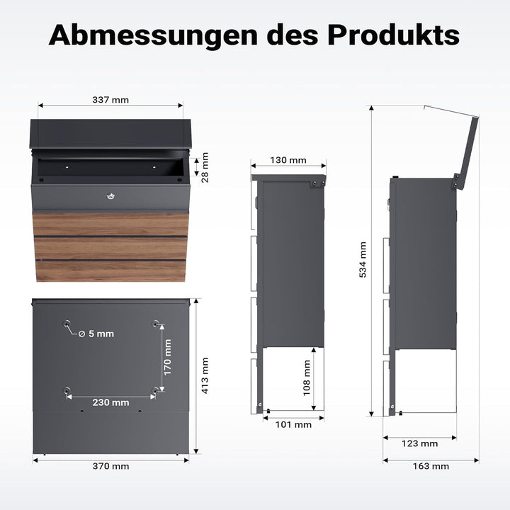 Toboli Briefkasten V63 Anthrazit und Holzdesign 410 x 130 x 370 mm, Wandbriefkasten mit Schloss, Sof