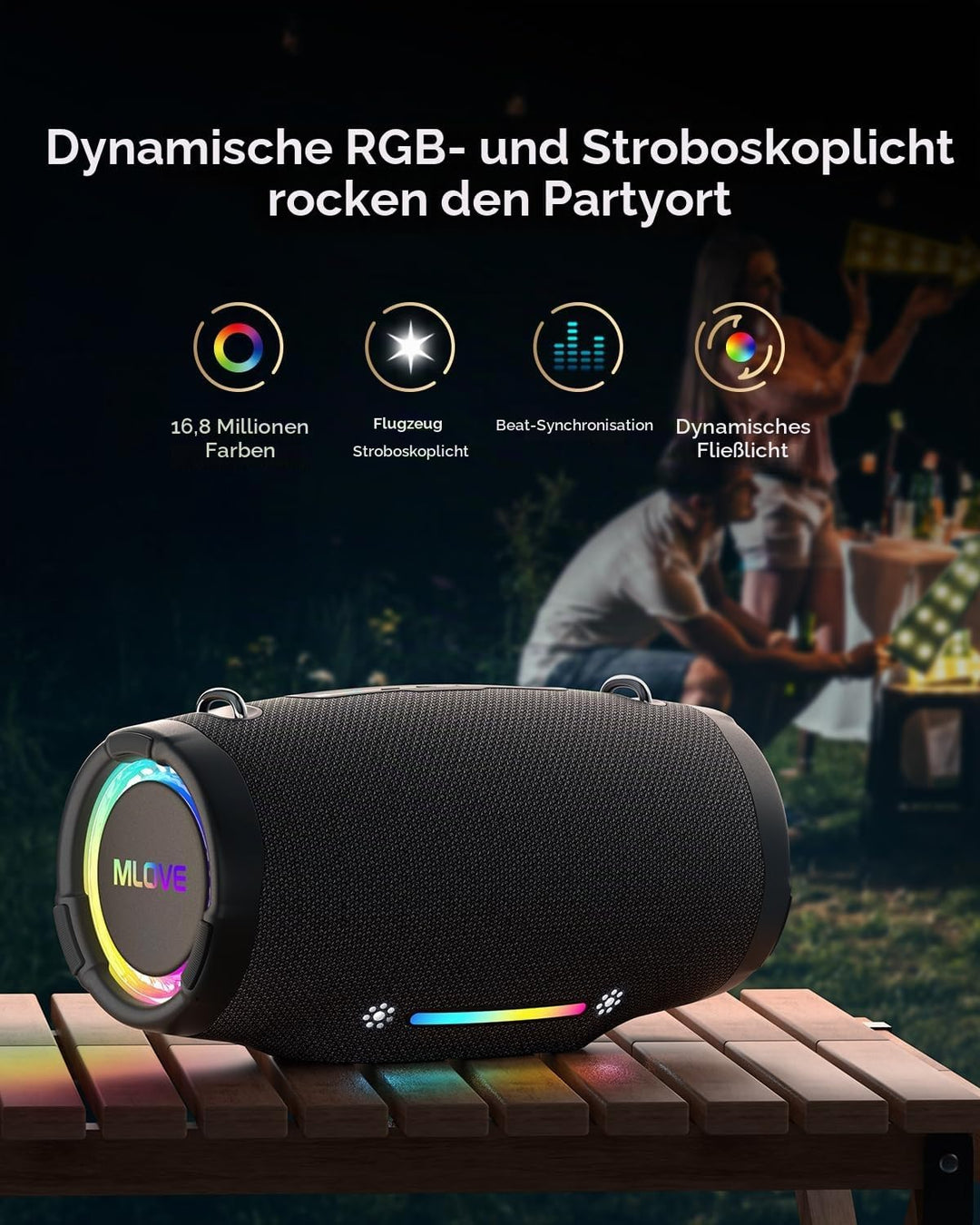 MLOVE E90 80W Bluetooth-Lautsprecher Outdoor-Boombox mit RGB-Lichtern, IP65 Wasserdicht, TWS &amp; Stere