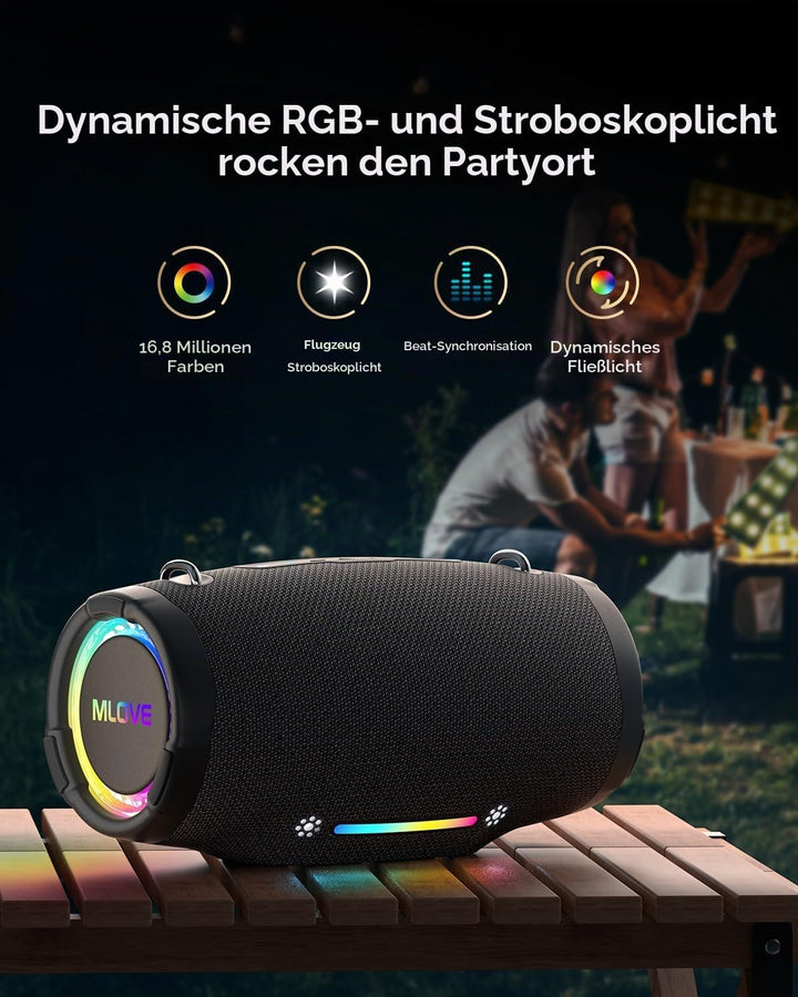 MLOVE E90 80W Bluetooth-Lautsprecher Outdoor-Boombox mit RGB-Lichtern, IP65 Wasserdicht, TWS &amp; Stere