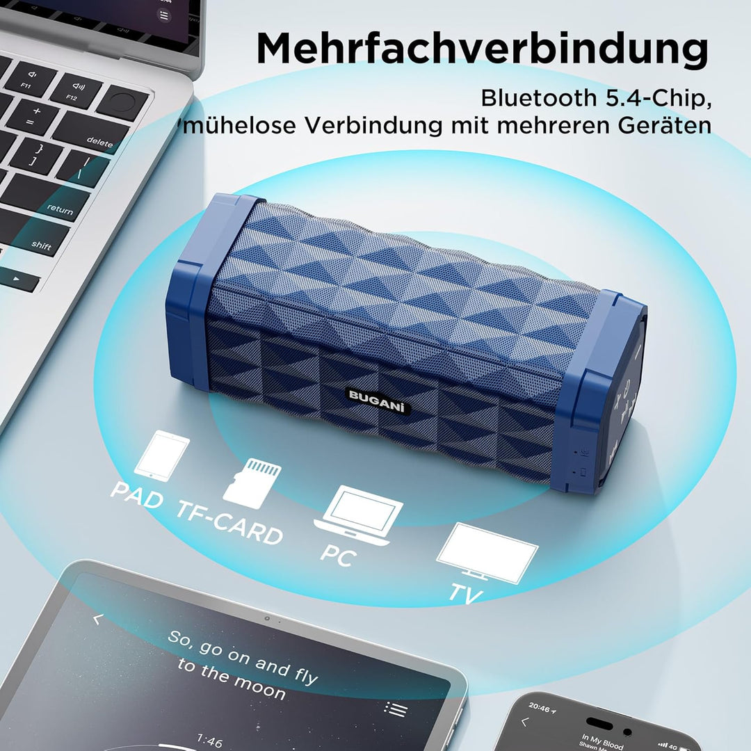 BUGANI Bluetooth Lautsprecher, Musikbox Bluetooth mit 5.4, 24H Stunden Akku, Bass-Treibern, IPX5 Was