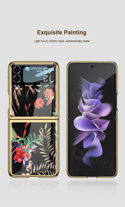 COQUE Galaxy Z Flip 3 5G Hülle,9H gehärtetes Glas Glänzend farbige Blumen Handyhülle, klappbare Hand