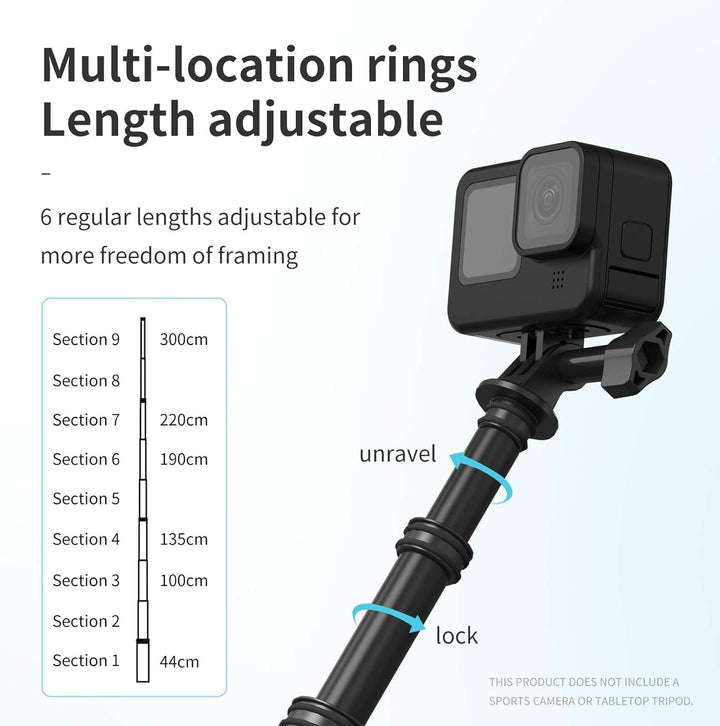 TELESIN 3M/118 Langes Carbon-Handheld-Selfie-Stick Ausziehbares Pol-Einbeinstativ für GoPro Max Hero