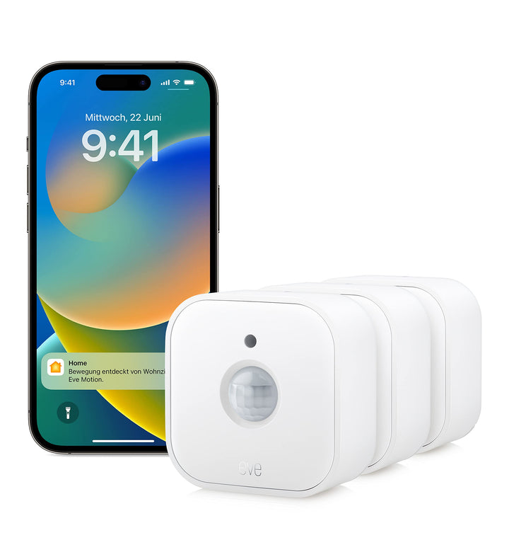 Eve Motion (Matter) 3er Set – Bewegungs- und Lichtsensor, Innen- & Aussenbereich, Aktivierung von Le