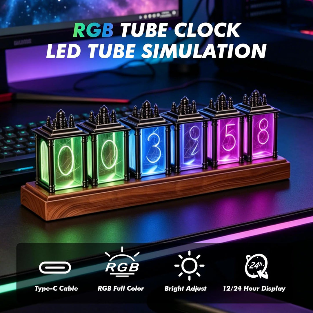 Nixie Tube Clock, RGB LED Röhrenuhr, LED Nixie Uhr, 12/24-Stunden-Anzeige, einstellbare Helligkeit u