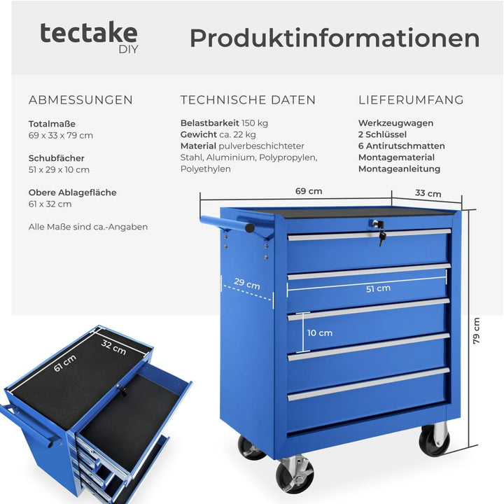 tectake® Werkzeug Wagen mit 5 Schubladen, Werkstattwagen, Tool Werkzeugwagen fahrbar, Werkzeugtrolle