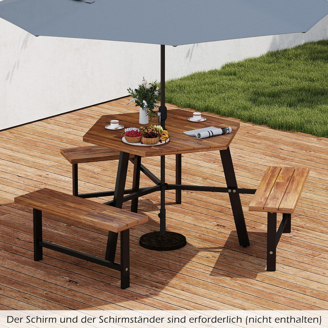 COSTWAY Picknicktisch Set für 6 Personen, Gartentisch aus Akazienholz mit Schirmloch & 3 Bänken, Ter