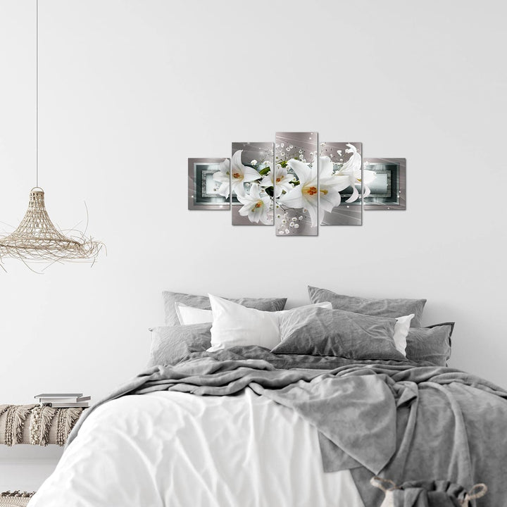 Runa Art Wandbilder Blumen Lilien 5 Teilig Bild auf Vlies Leinwand Deko Wohnzimmer Abstrakt Grau Bei