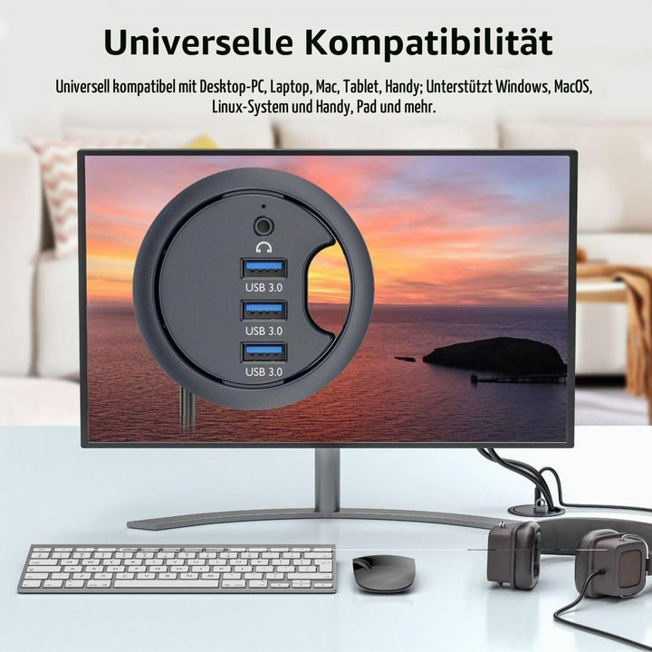 chenyang USB 3.0 Unterputz Desktop Hub,3 USB 3.0 Port Hub Tüllenloch 2,36 Zoll (60 mm) mit 3,5mm Aud