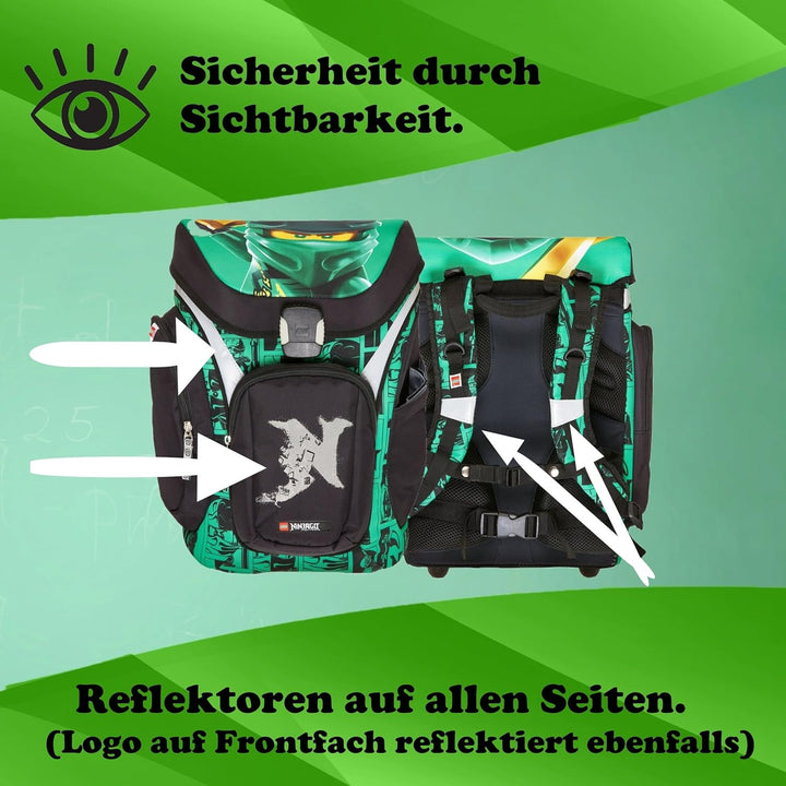 Familando - Schulranzen Set 9-teilig mit Sporttasche - Ninjago Grün - Ergonomisch, stabil & mit gepo