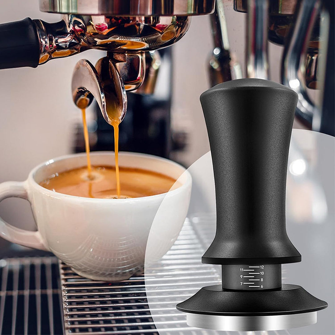 TRIXES Gefederter Kaffeestampfer mit Matte – verstellbarer Espresso-Tamper – Mattschwarz – Kaffeebrü