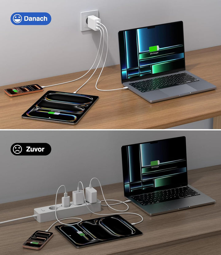 3 IN 1 USB C Ladegerät, 65W USB Schnellladegerät mit Ladekabel 2M, PD&QC USB C Netzteil für MacBook