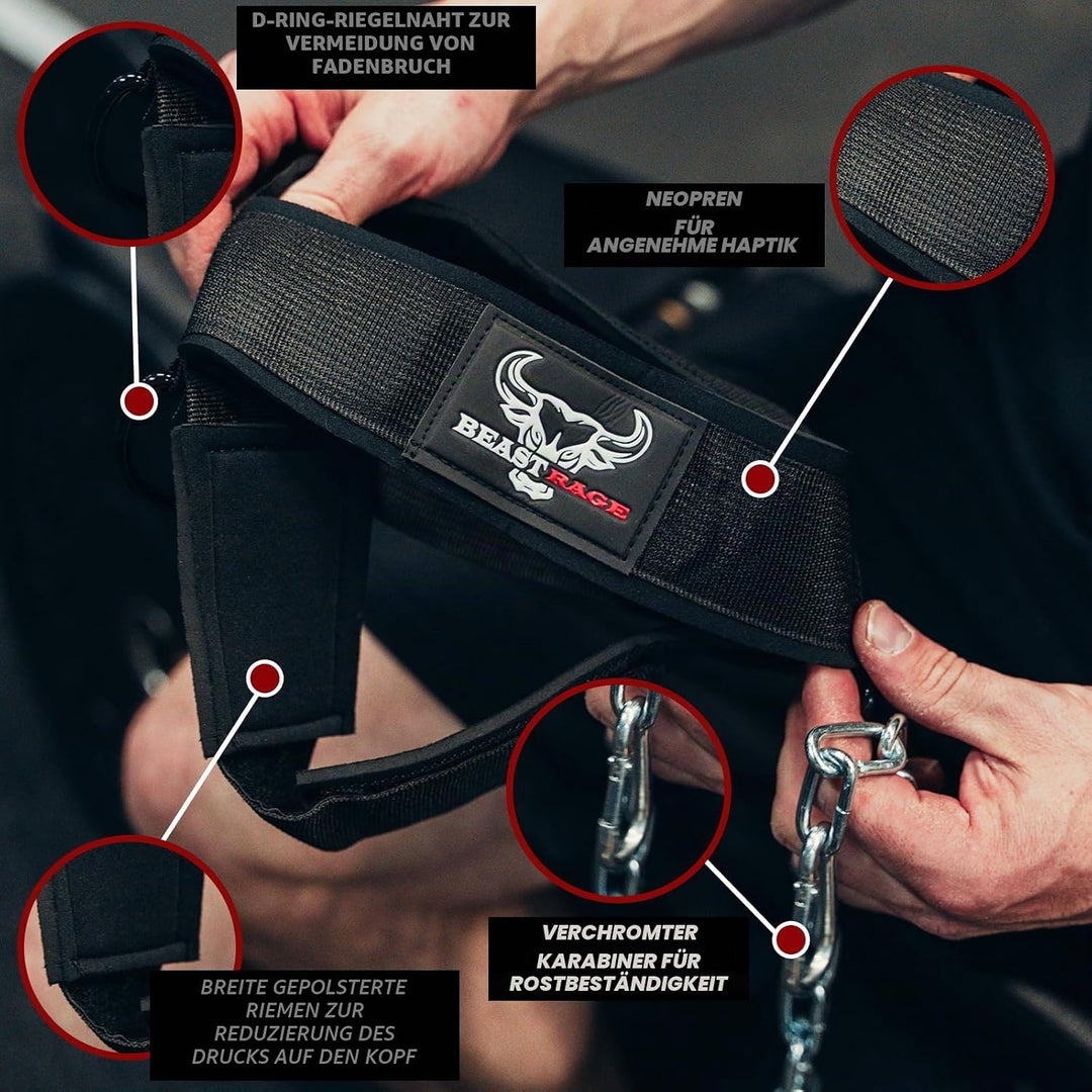BEAST RAGE Kopfgeschirr, Halstauchen, strapazierfähig, lange Stahlkette, verstellbar, Fitness-Halsge
