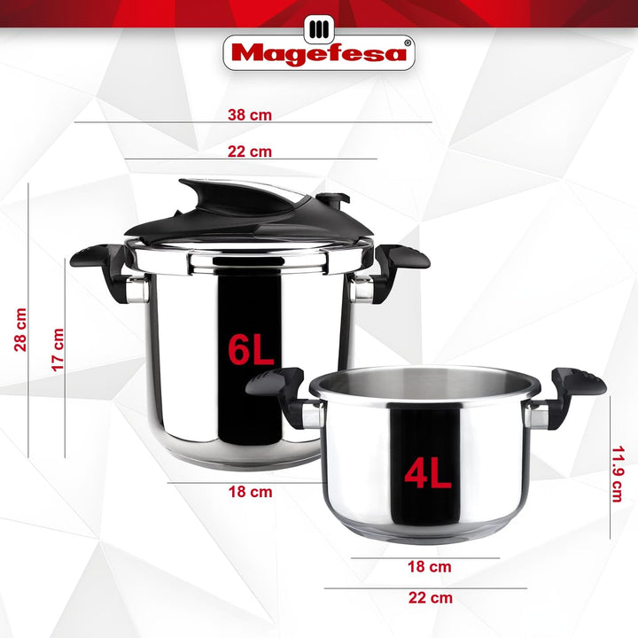Magefesa Nova - Schnellkochtopf 4 + 6L, Edelstahl 18/10, Drucksensor, Einfaches und Komfortables Sch
