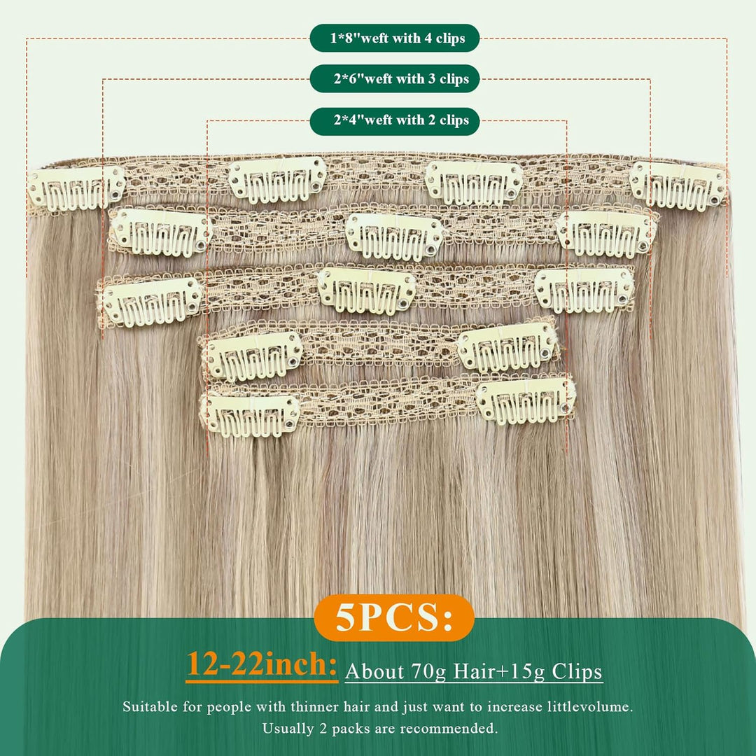 Easyouth Haarverlängerung Echthaar Clip Remy Echthaar Extensions Clip in Farbe Aschblond Mix Gelb Bl