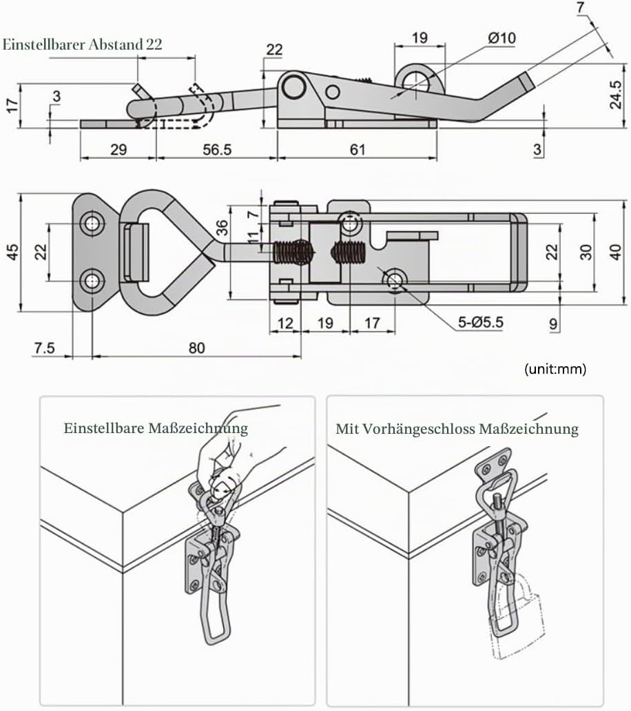 Verstellbarer Schnappverschluss für Schränke, Boxen, Hebelgriff, Knebelverschluss, 2 Stück (3S, Bere