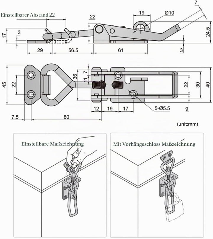 Verstellbarer Schnappverschluss für Schränke, Boxen, Hebelgriff, Knebelverschluss, 2 Stück (3S, Bere