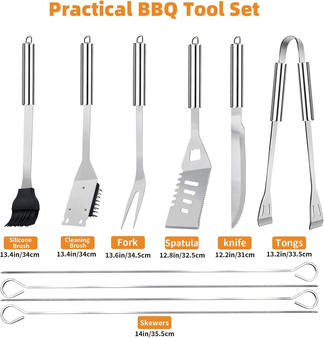 Grillbesteck-Set 11-TLG. 34 cm, Edelstahl, Grillzubehör mit Grillzange, Grillgabel, Tragbare Grillko
