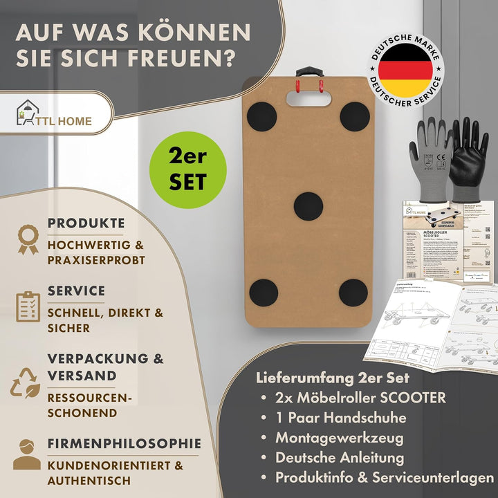 TTL Home 2er Set Möbelroller Scooter 58x30x11cm - 250kg Traglast Rollbrett & Transportroller 360° Gu