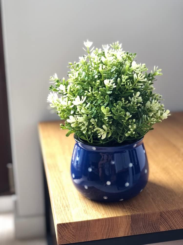 KOTARBAU® Keramik Blumentopf Übertopf Beige ⌀ 125 mm Dunkelblau ⌀ 110 mm in Weisse Punkte Erbsen Bei