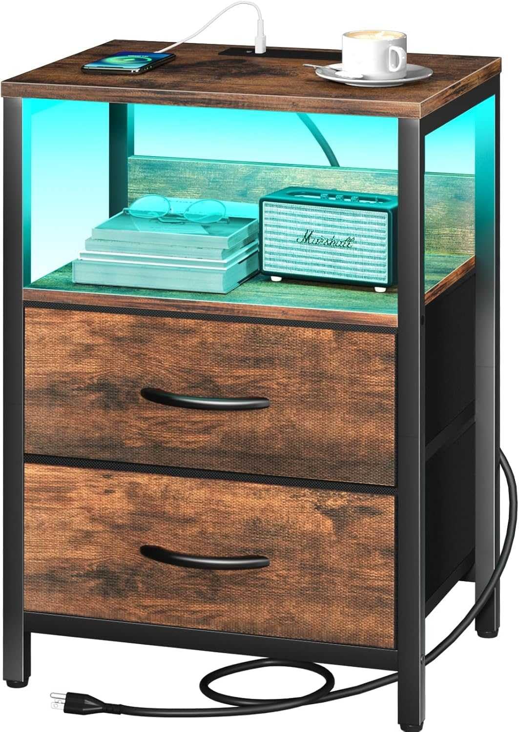 SONGMICS Nachttisch mit Steckdose, Nachtschrank mit LED und Ladefunktion, 1er Set, 39,6 x 30 x 60,4