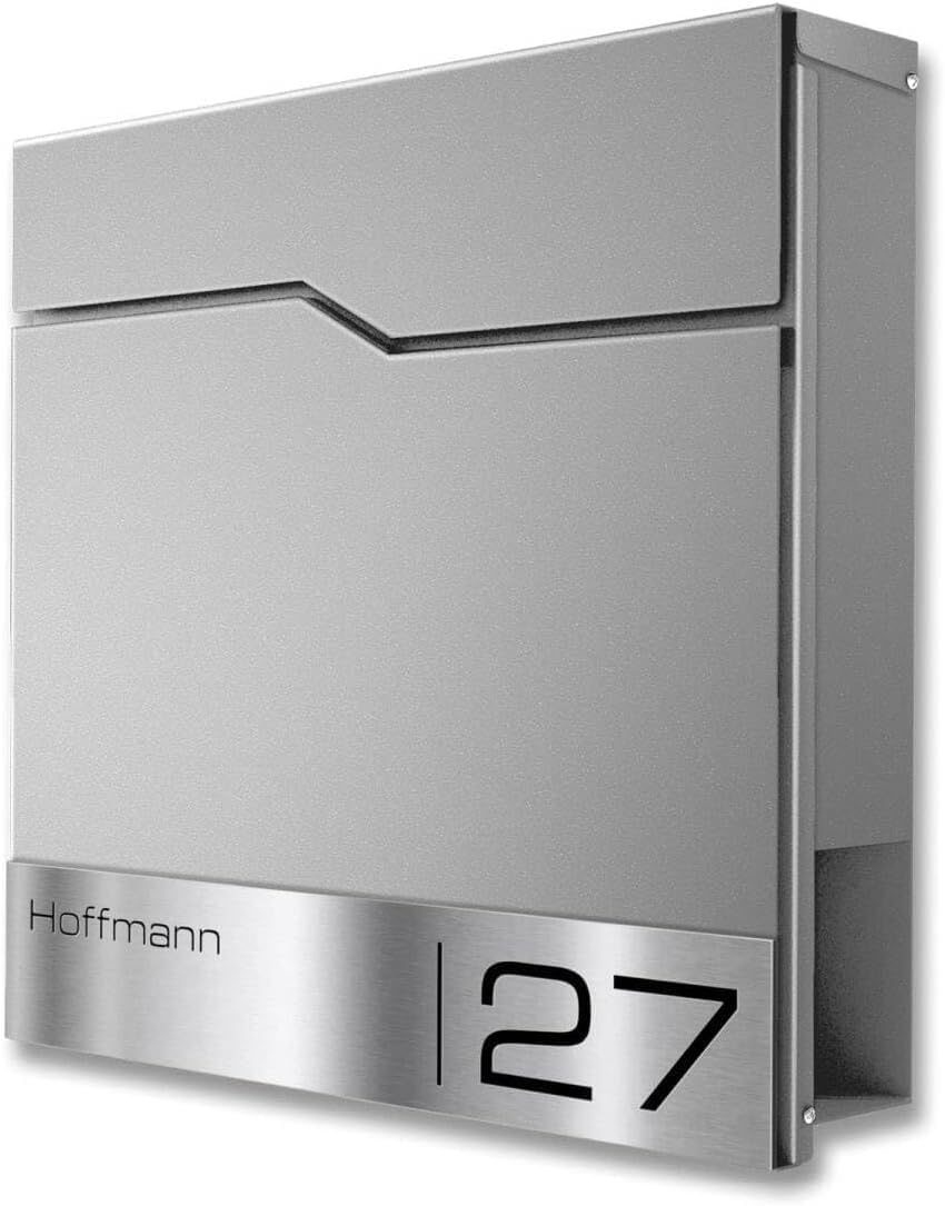 Metzler Briefkasten in RAL 9007 Graualuminium Enno - Wandbriefkasten mit V2A Edelstahl-Namensschild