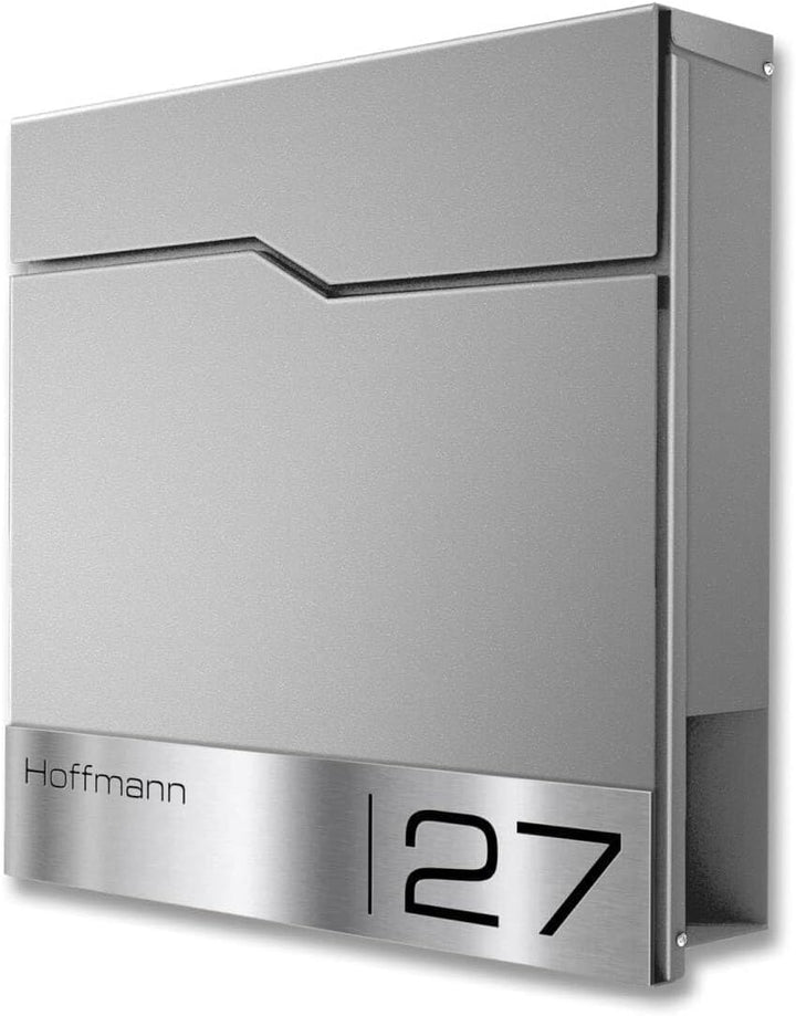 Metzler Briefkasten in RAL 9007 Graualuminium Enno - Wandbriefkasten mit V2A Edelstahl-Namensschild