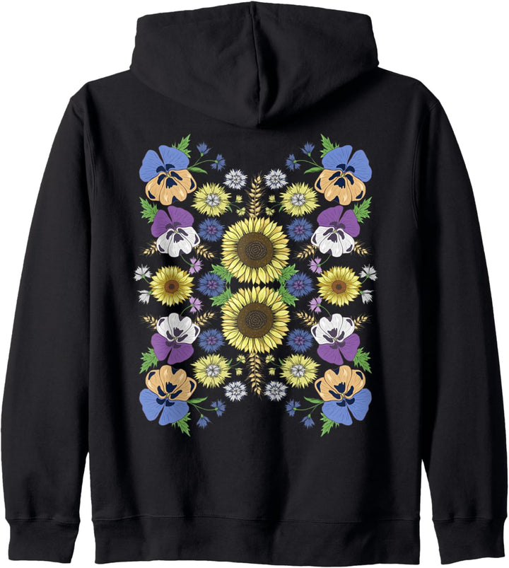 Stiefmütterchen Blumen Sonnenblumen Vintage Ukrainischer Vyshyvanka Stil Kapuzenjacke