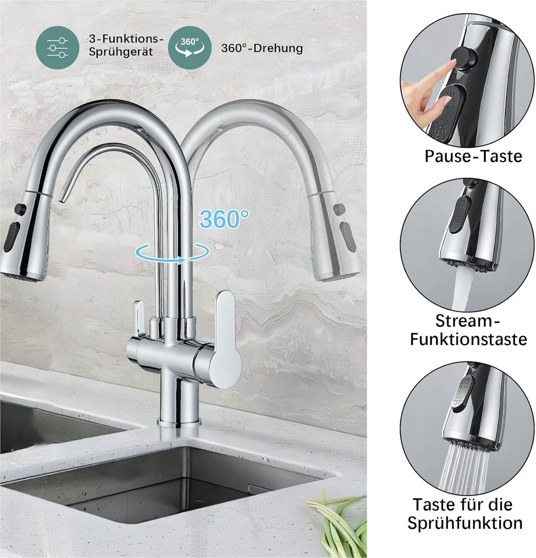 Onyzpily Wasserhahn Küche Reines Wasser Küchenarmatur mit ausziehbar Doppelgriff Heisses und kaltes
