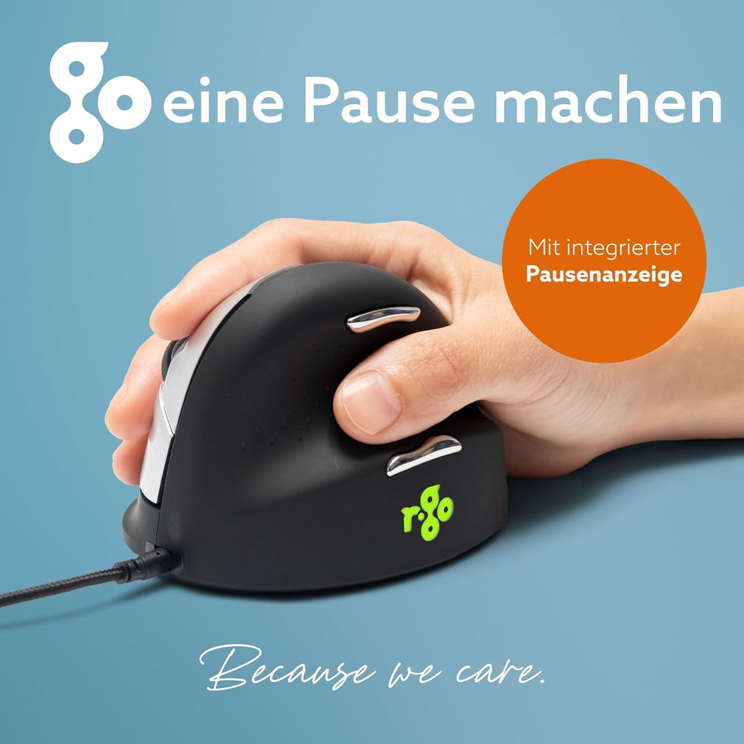 R-Go HE Ergonomische Maus, Für grosse Hand, Mit Break-Software, Stilles Klicken, (USB C Kabelkabelge