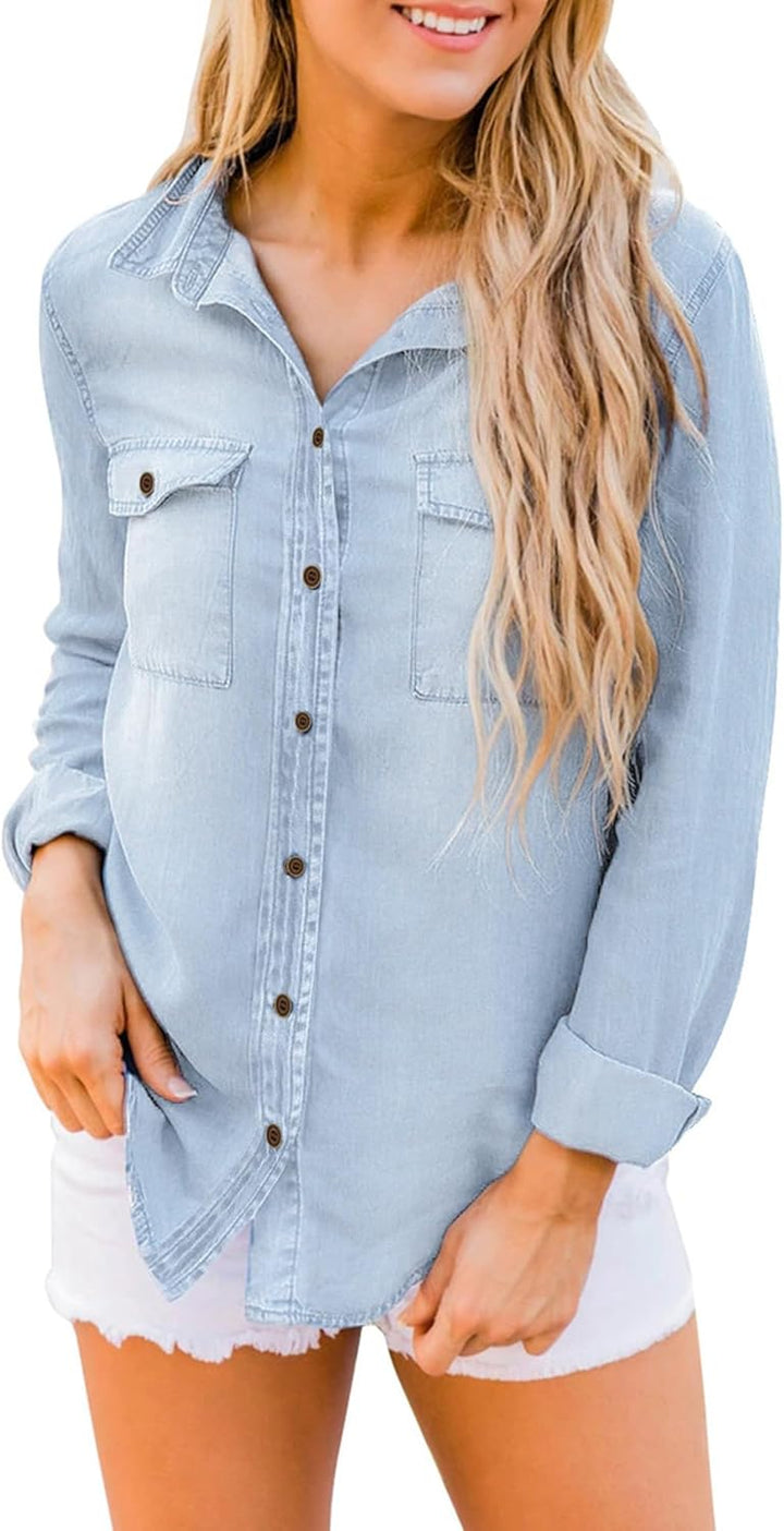 Roskiky Jeanshemd Damen Bluse Damen Western Hemden Tunika Damen Langarm Button Down Oberteile Damen